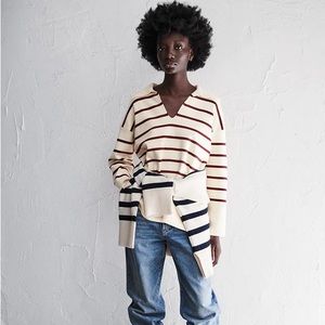 Zara striped oversized collared sweater. Size small. Cream & deep red. EUC